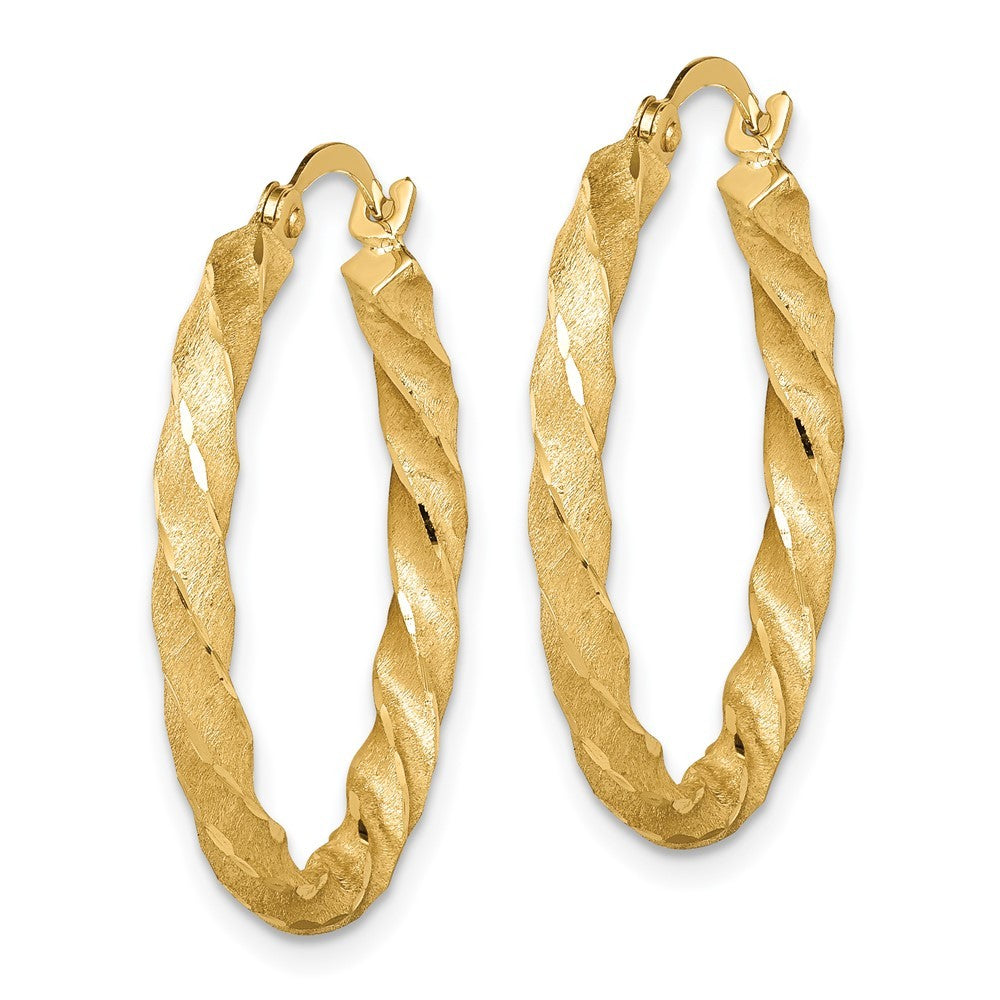14k Yellow Gold Twisted Satin Diamond-Cut Hoop Earrings