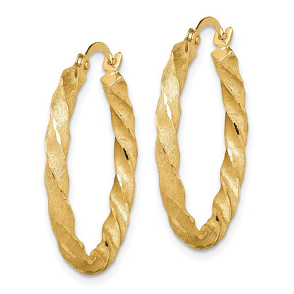14k Yellow Gold Twisted Satin Diamond-Cut Hoop Earrings