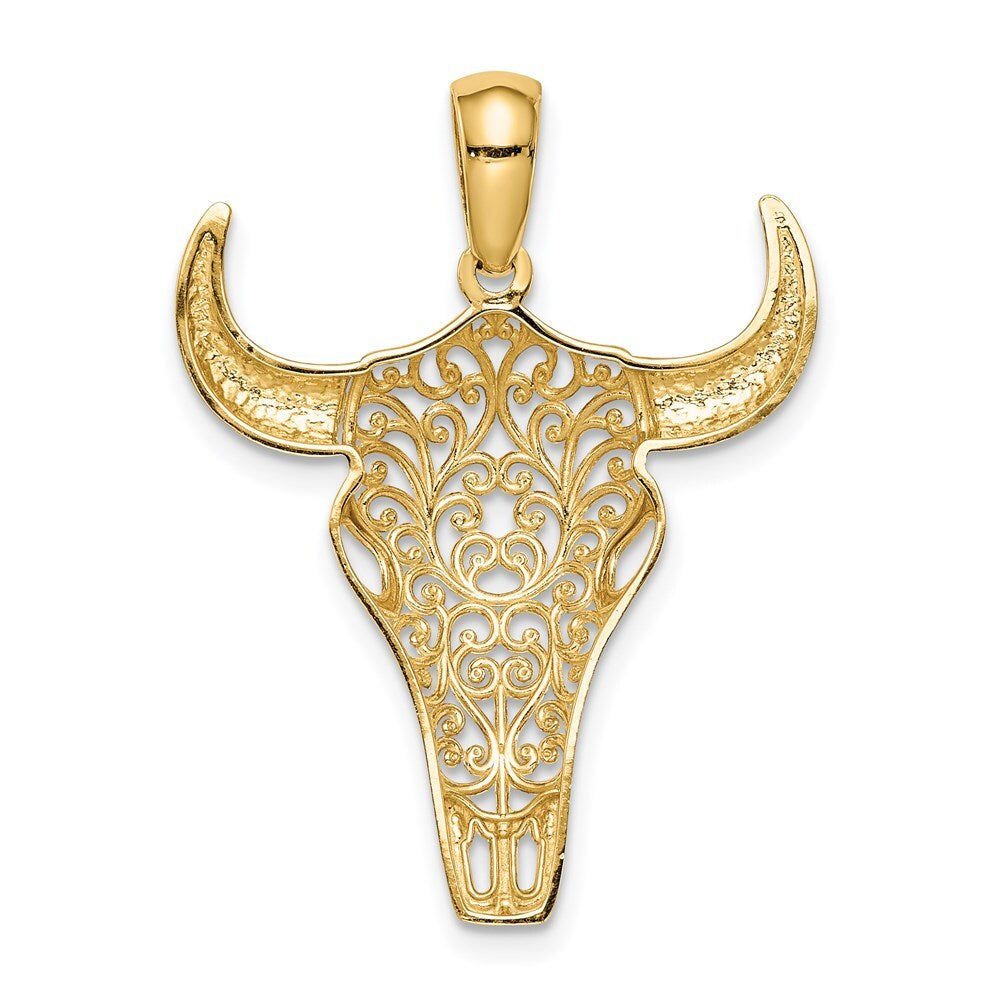 14k Yellow Gold Filigree Steer Skull Pendant for Women