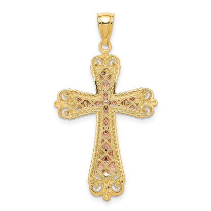 14K Tri-Color Diamond-Cut w/White Rhodium Crucifix Pendant