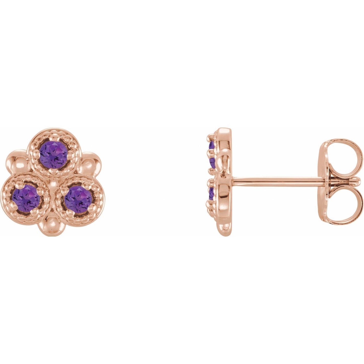 14k Rose Gold Natural Amethyst Three-Stone Stud Earrings Fine Jewelry for Women