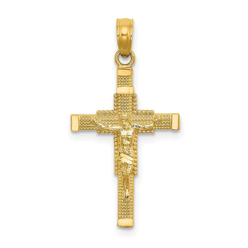 14k Yellow Gold Beaded Accent Cross Behind Crucifix Charm