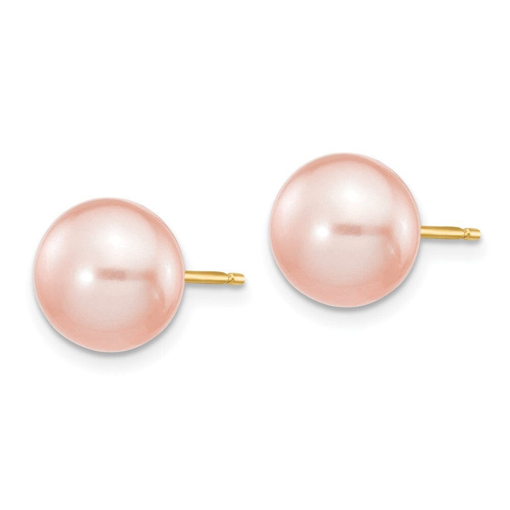 14k Yellow Gold 8-9mm Pink Button Freshwater Cultured Pearl Stud Earrings