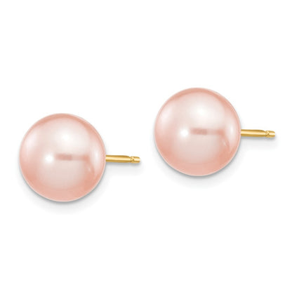 14k Yellow Gold 8-9mm Pink Button Freshwater Cultured Pearl Stud Earrings