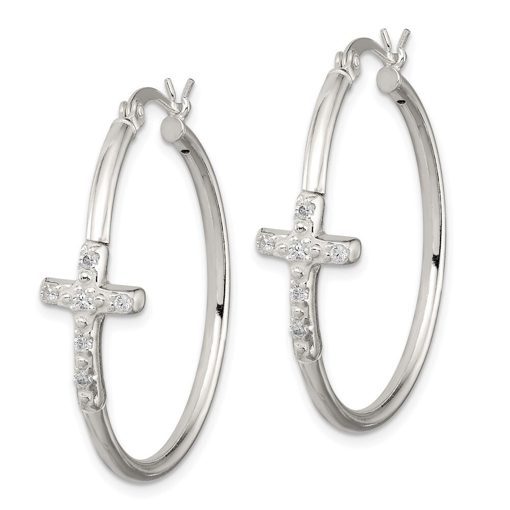 Sterling Silver Polished Cubic Zirconia Cross 2.5mm Round Hoop Earrings