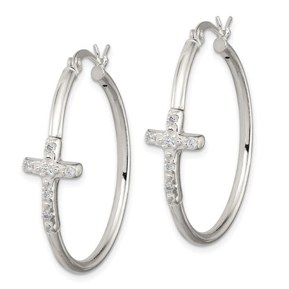 Sterling Silver Polished Cubic Zirconia Cross 2.5mm Round Hoop Earrings