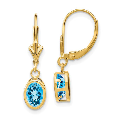 14k Yellow Gold 7x5mm Oval Blue Topaz Drop Dangle Earrings