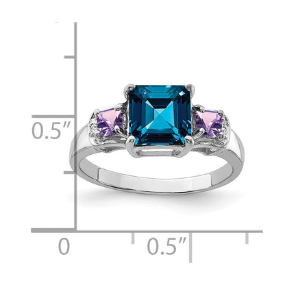 Sterling Silver Rhodium London Blue Topaz, Amethyst & Diamond Ring Size 8