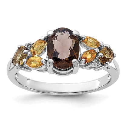 SS Rhodium Smoky and Whiskey Quartz Citrine White Topaz Ring Size 6