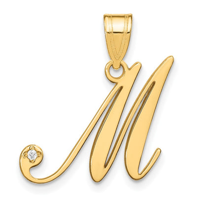 14k Yellow Gold Script Letter M Initial Pendant with Diamond