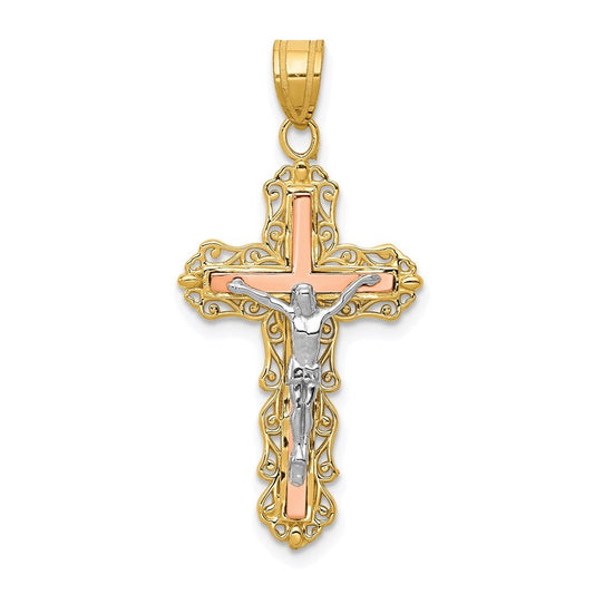 14k Tri-Color Gold Tri-color Diamond-cut Crucifix Pendant for Women