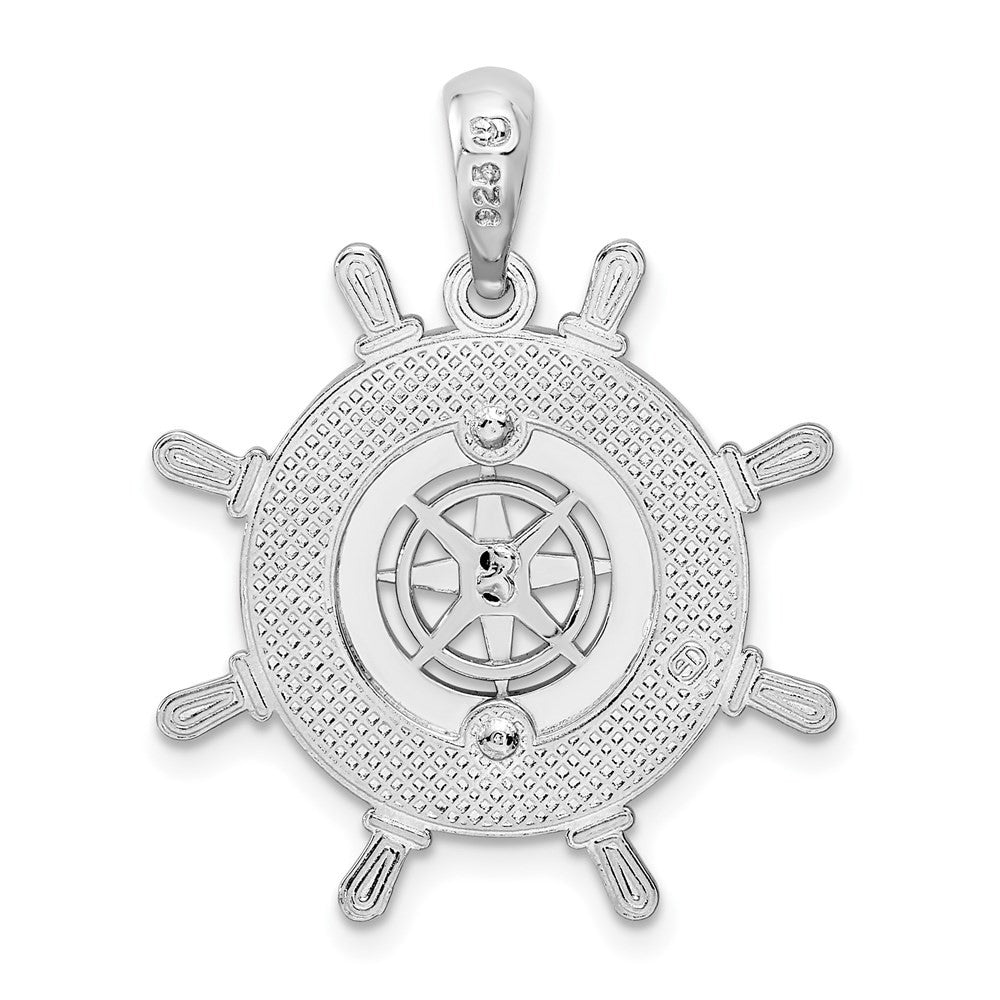 Sterling Silver Rhodium-Plated Polished Ships Wheel with Compass Pendant