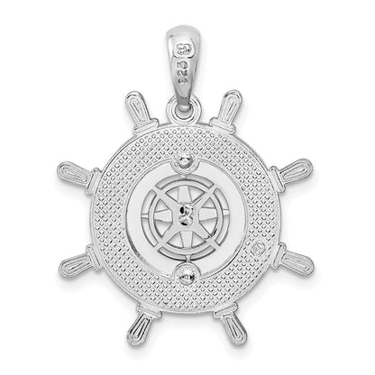 Sterling Silver Rhodium-Plated Polished Ships Wheel with Compass Pendant
