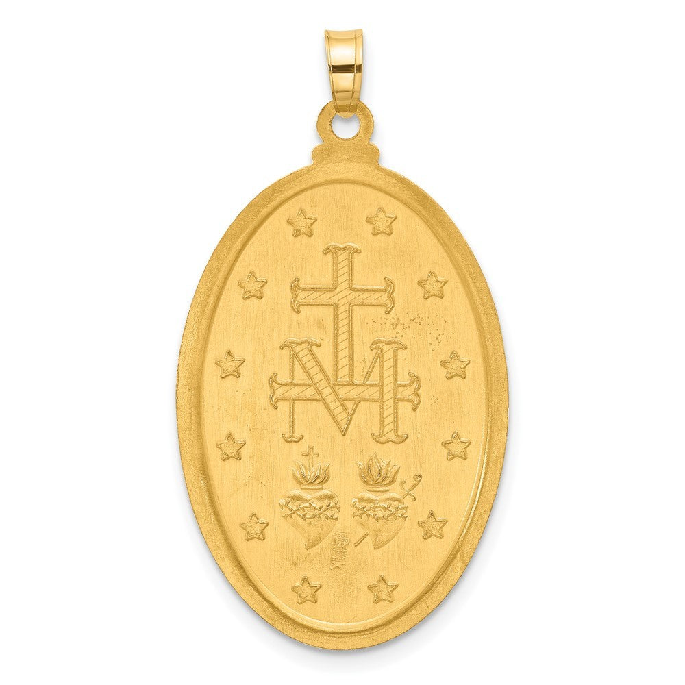 14k Yellow Gold Satin and Polished Miraculous Medal Solid Oval Pendant