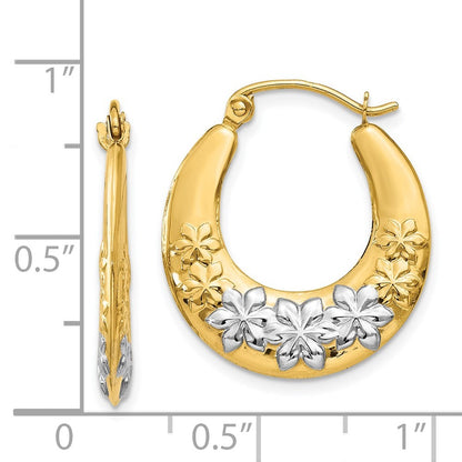 14k Yellow Gold & Rhodium Hollow Flowers Hoop Earrings
