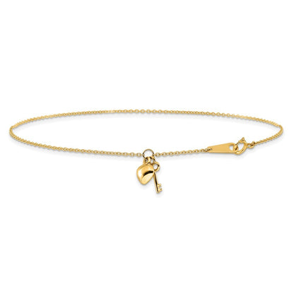 14k Yellow Gold Cable Chain with Puffed Heart and Key Dangle 10" Anklet