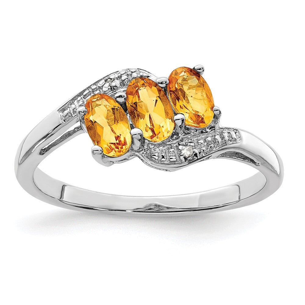 Sterling Silver Rhodium 3 Stone Citrine & Diamond Ring Size 8