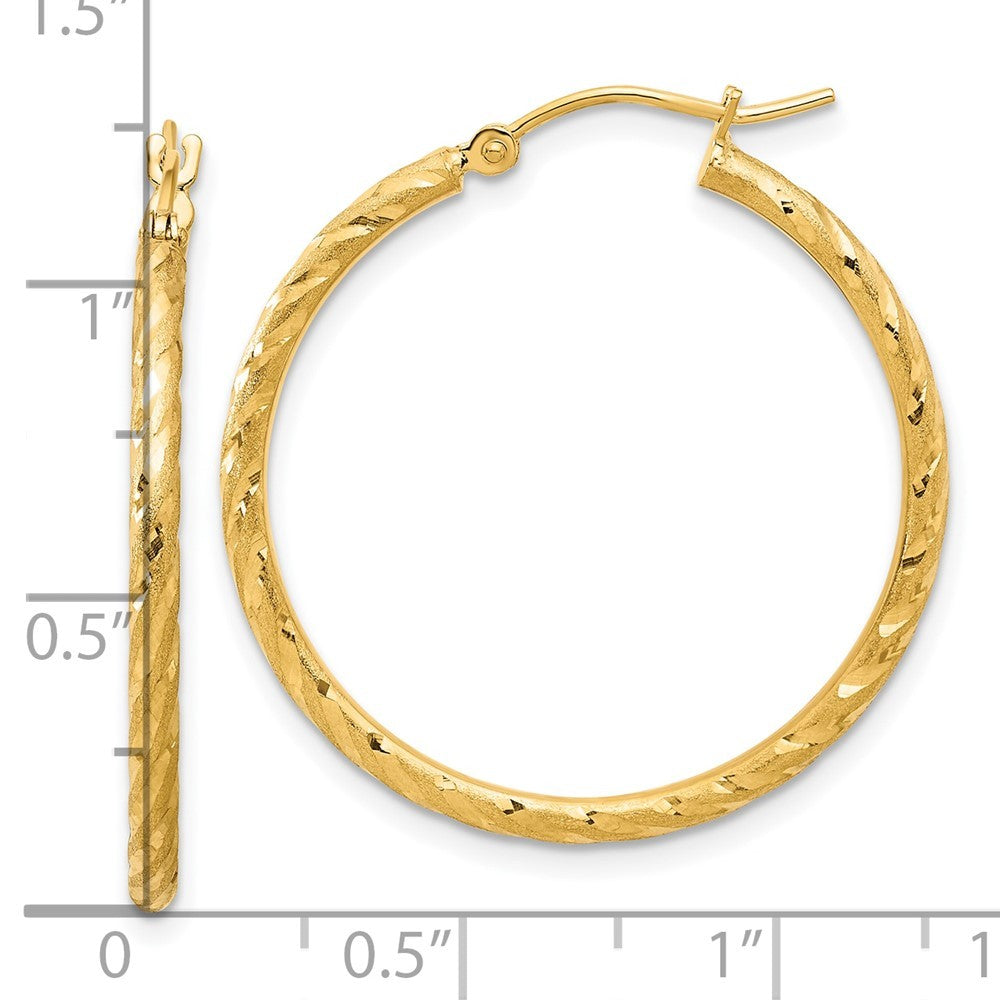 14k Yellow Gold Polished and Satin Diamond-Cut 2mm Hoop Earrings