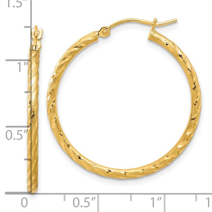 14k Yellow Gold Polished and Satin Diamond-Cut 2mm Hoop Earrings