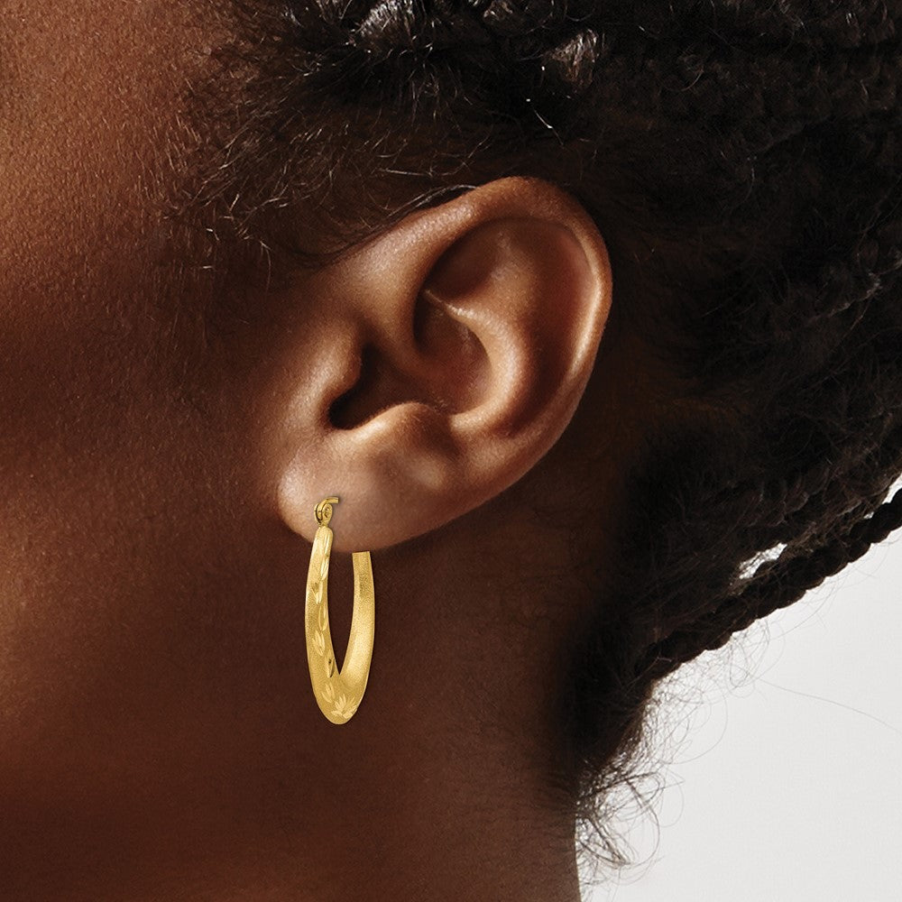 14k Yellow Gold Satin Diamond Cut Hollow Hoop Earrings