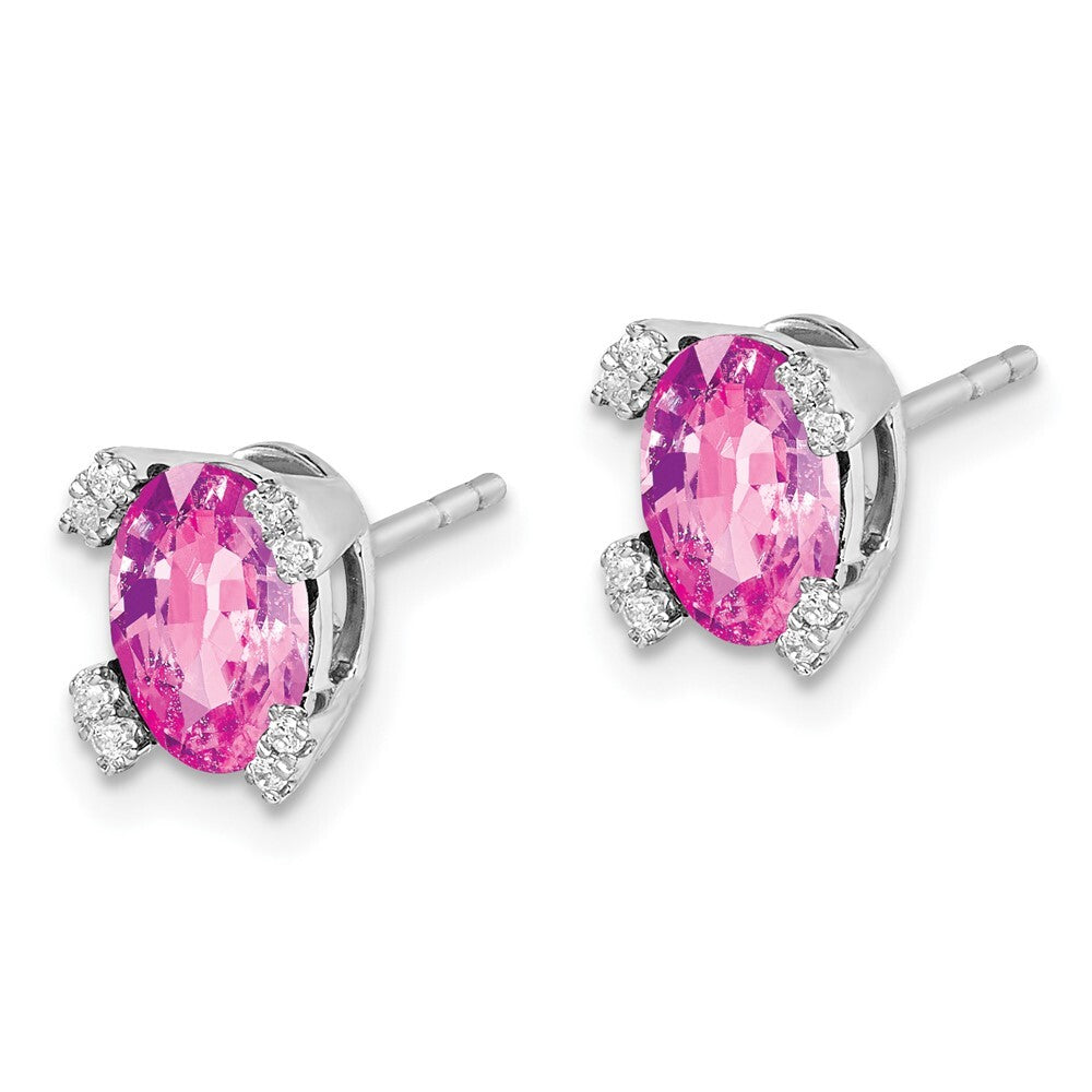 14k White Gold Oval Created Pink Sapphire and Diamond Stud Earrings