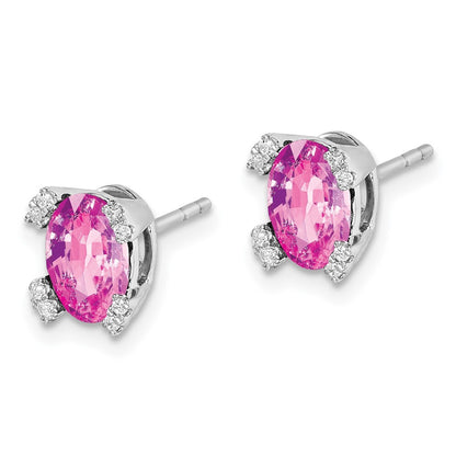 14k White Gold Oval Created Pink Sapphire and Diamond Stud Earrings