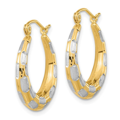 14k Yellow Gold White Rhodium Polished Satin Diamond-cut Hoop Earrings