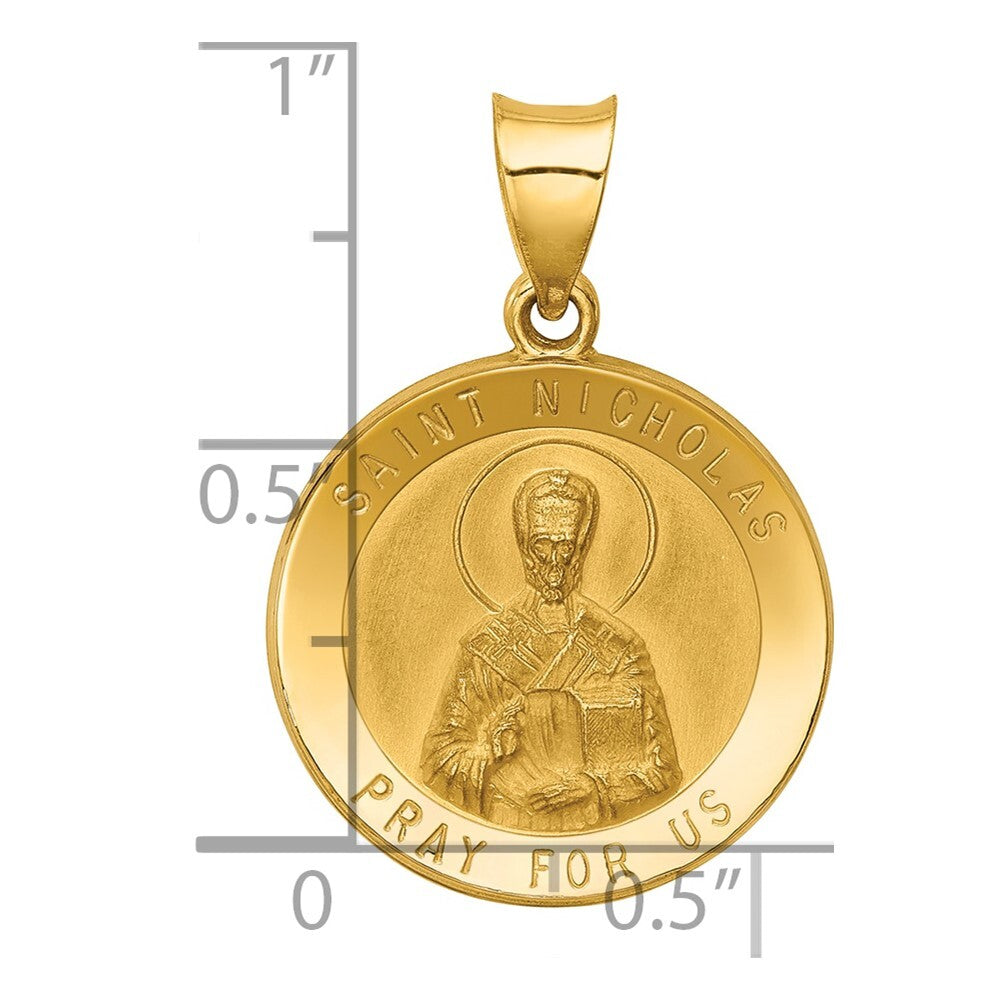 14k Yellow Gold Polished and Satin St Nicholas Medal Hollow Pendant for Women