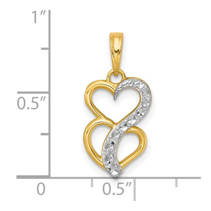 14k Yellow Gold White Rhodium Polished Brushed Heart Above Heart Charm Pendant