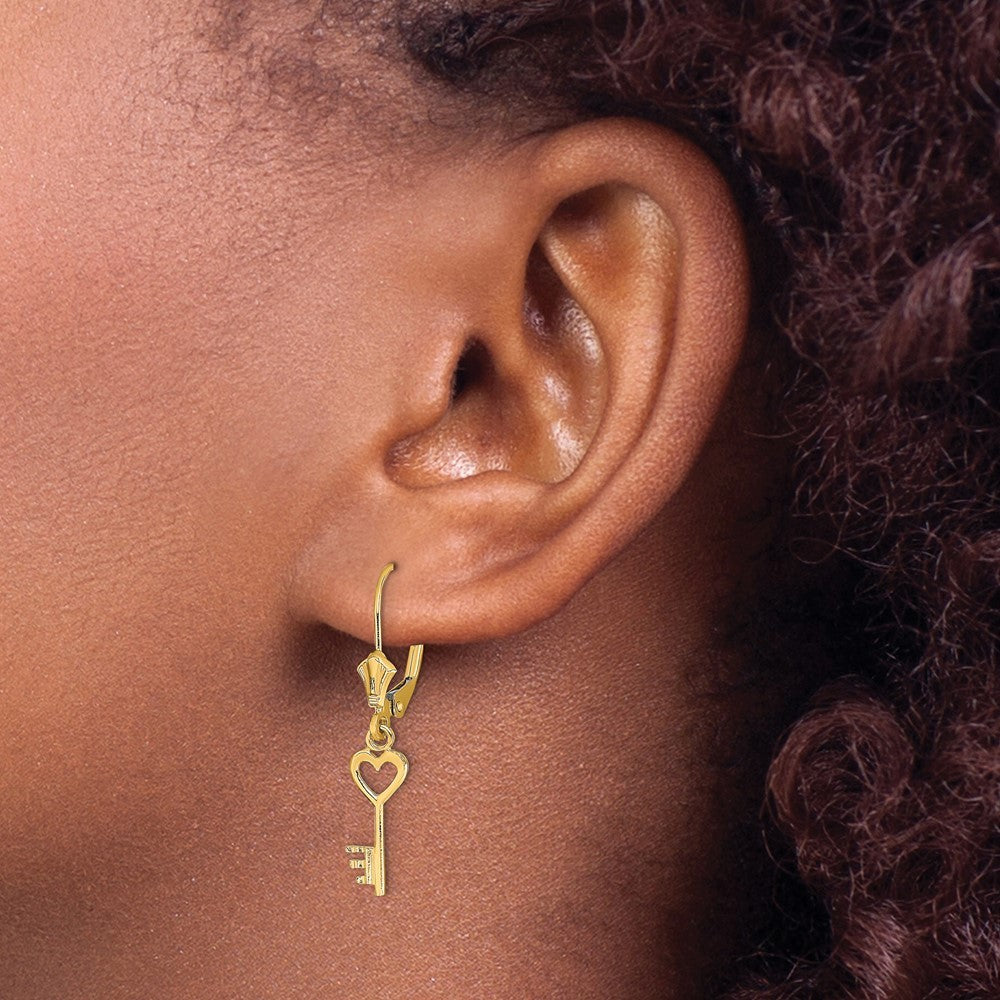 14k Yellow Gold Polished Heart Key Drop Dangle Earrings