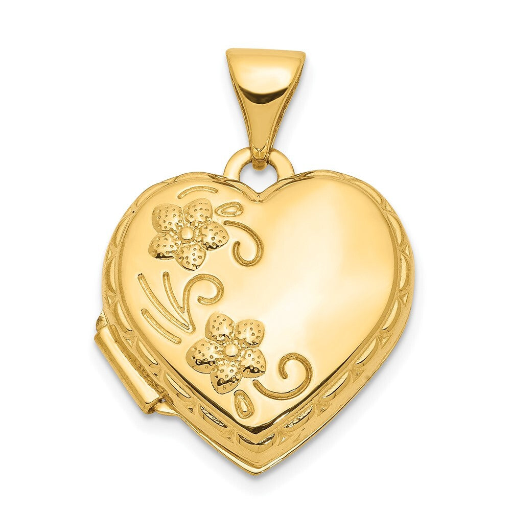 14k Yellow Gold 15mm Floral Heart Locket Pendant for Women