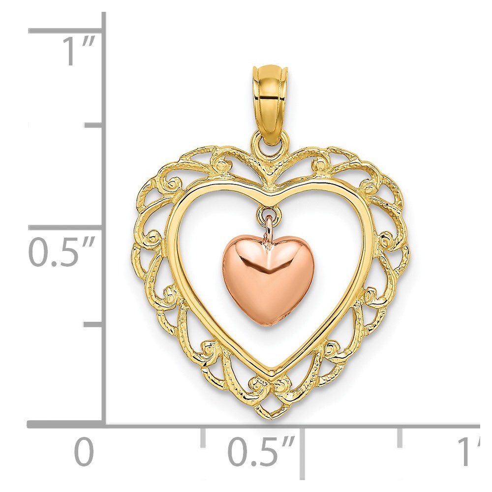 14k Yellow and Rose Gold Polished Dangling Heart In Heart Charm Pendant