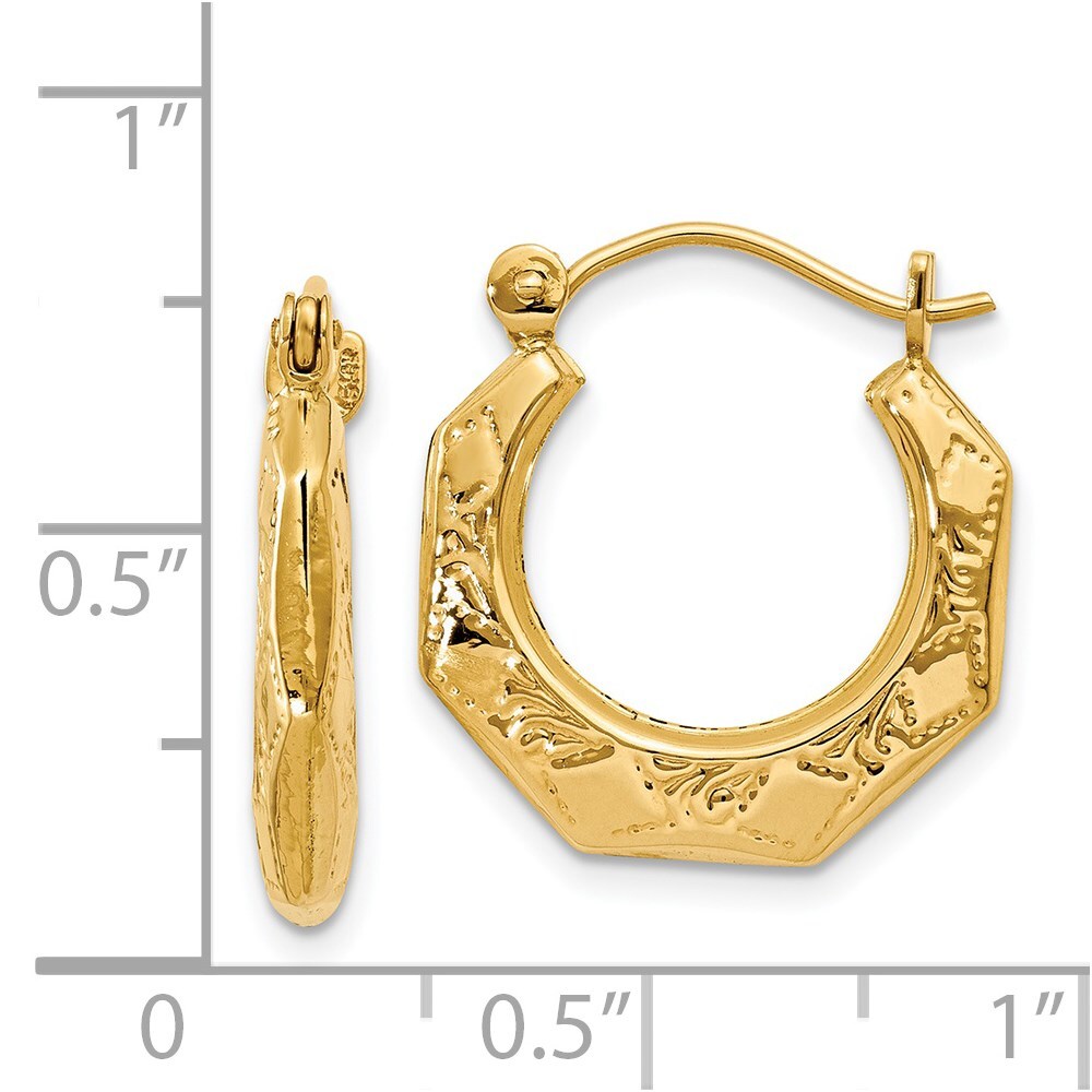 14k Yellow Gold Polished Patterned Hoop Earrings Gift for Women