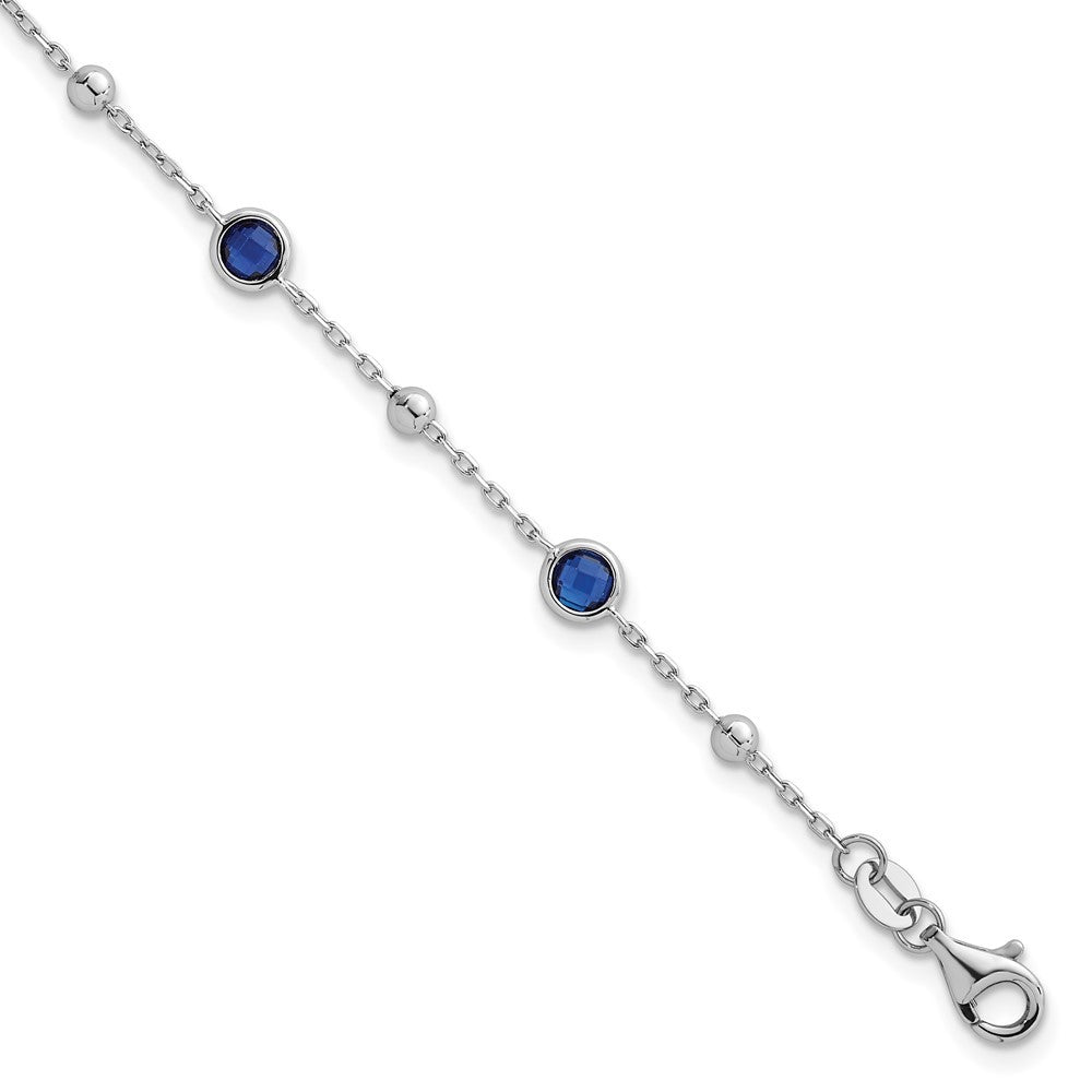 Sterling Silver and Beaded Bezel-set Round Blue CZ 7" with 1" Ext Bracelet