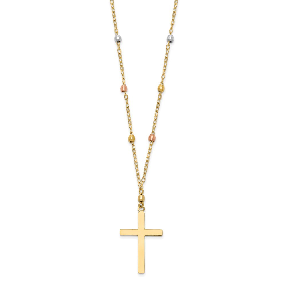 14K Tri Colored Gold Diamond Cut Beaded Cross Necklace