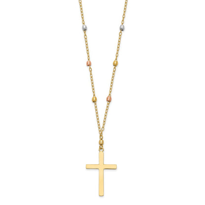 14K Tri Colored Gold Diamond Cut Beaded Cross Necklace