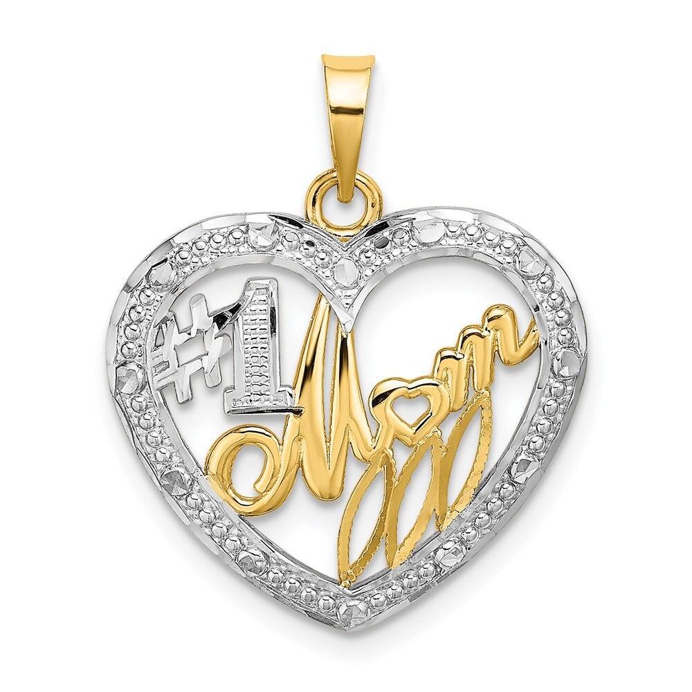 14k Yellow Gold  Rhodium Textured #1 MOM In Heart Charm Pendant for Women