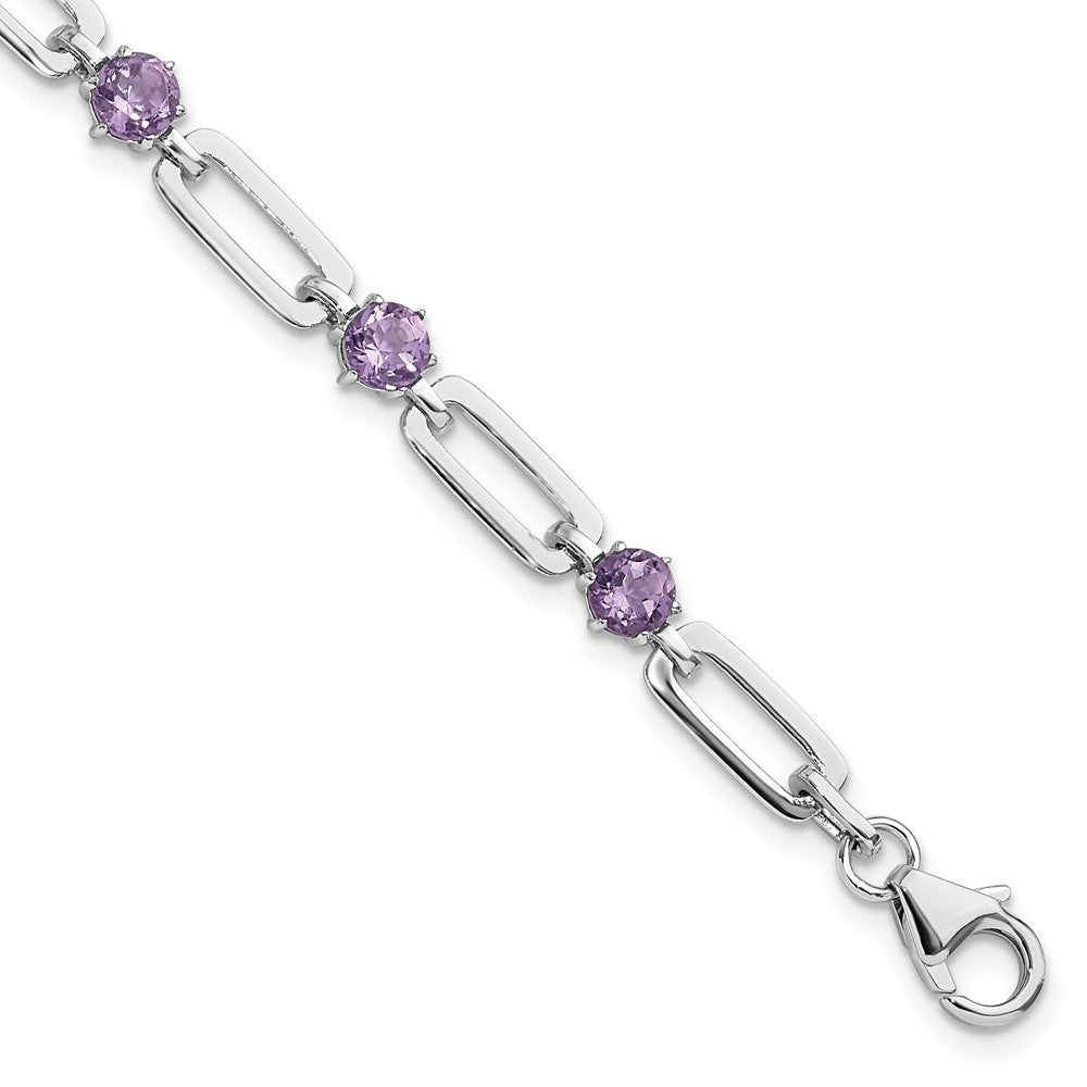 Sterling Silver Rhodiumod-plated 5mm 3.42AM Amethyst Paperclip Chain Bracelet