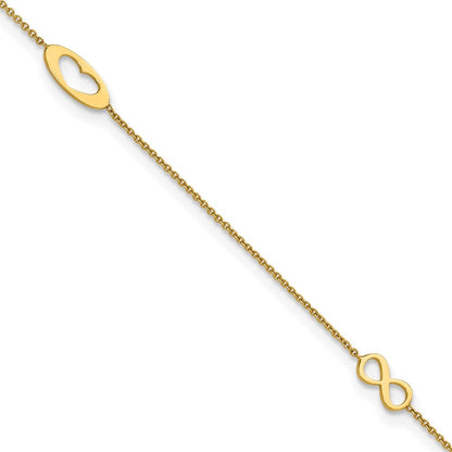 14k Yellow Gold  Infinity and Heart 9" Anklet with 1" Extender 10" Anklet