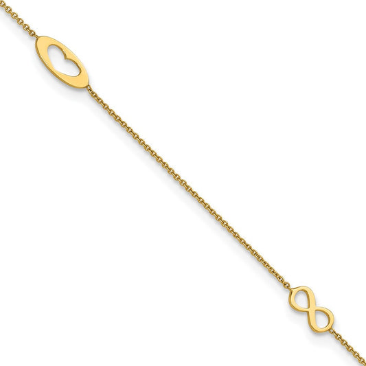 14k Yellow Gold  Infinity and Heart 9" Anklet with 1" Extender 10" Anklet