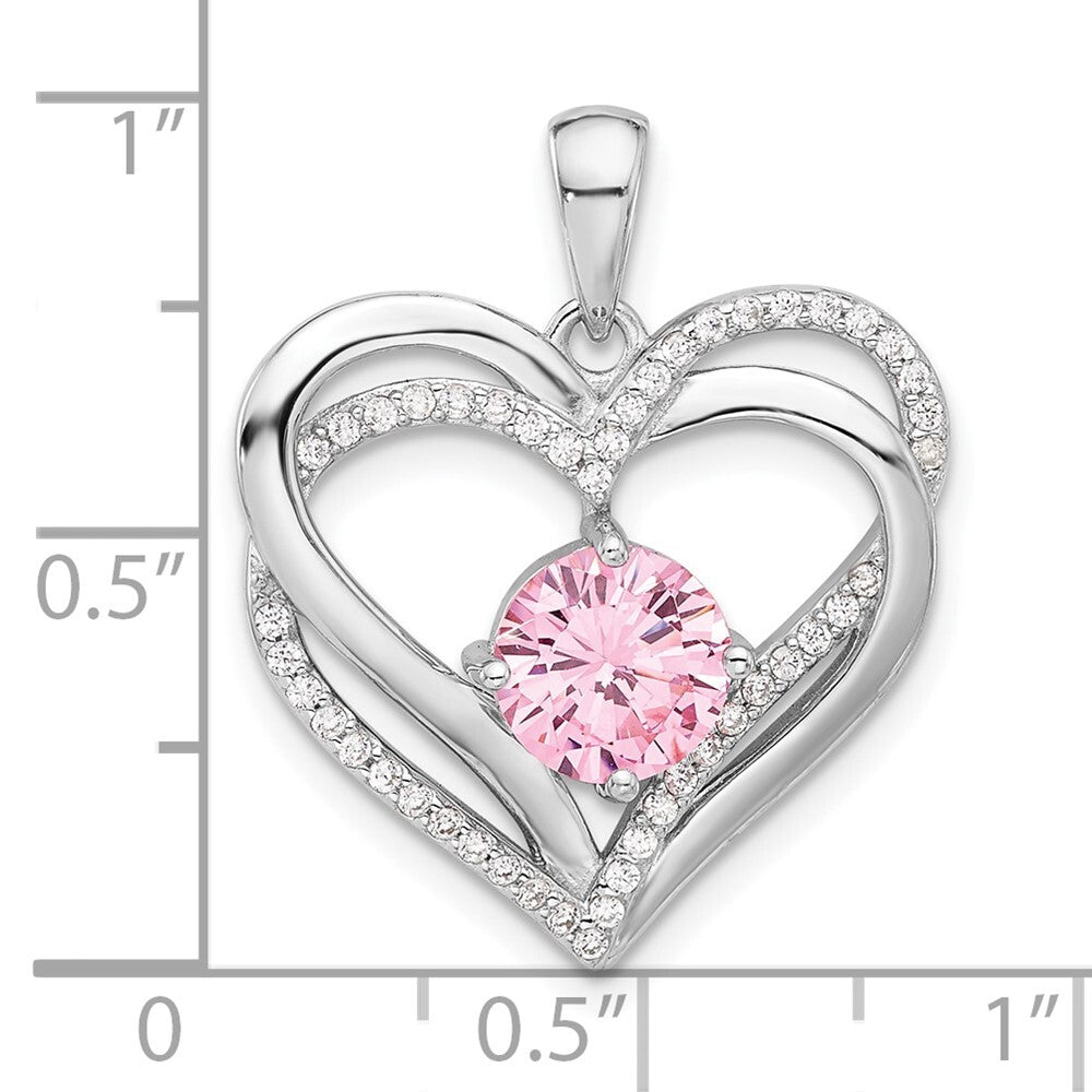 Sterling Silver Pink and White Cubic Zirconia Double Heart Pendant