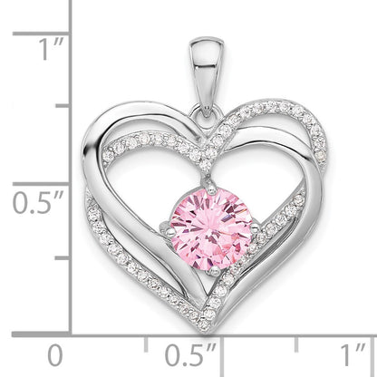 Sterling Silver Pink and White Cubic Zirconia Double Heart Pendant