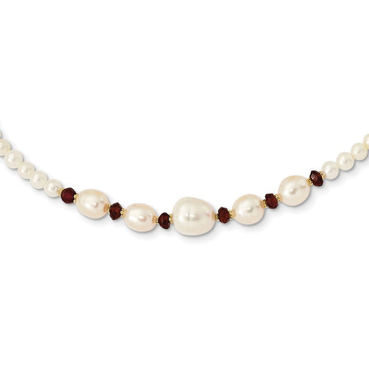 14k Yellow Gold White Semi-Round Cultured Pearl & Garnet Bead Necklace 18"