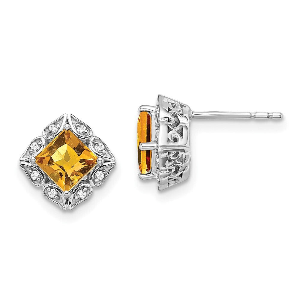 14k White Gold Square Citrine and Diamond Stud Earrings