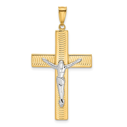 14k Two-tone Gold Polished and Textured Crucifix Pendant for Women