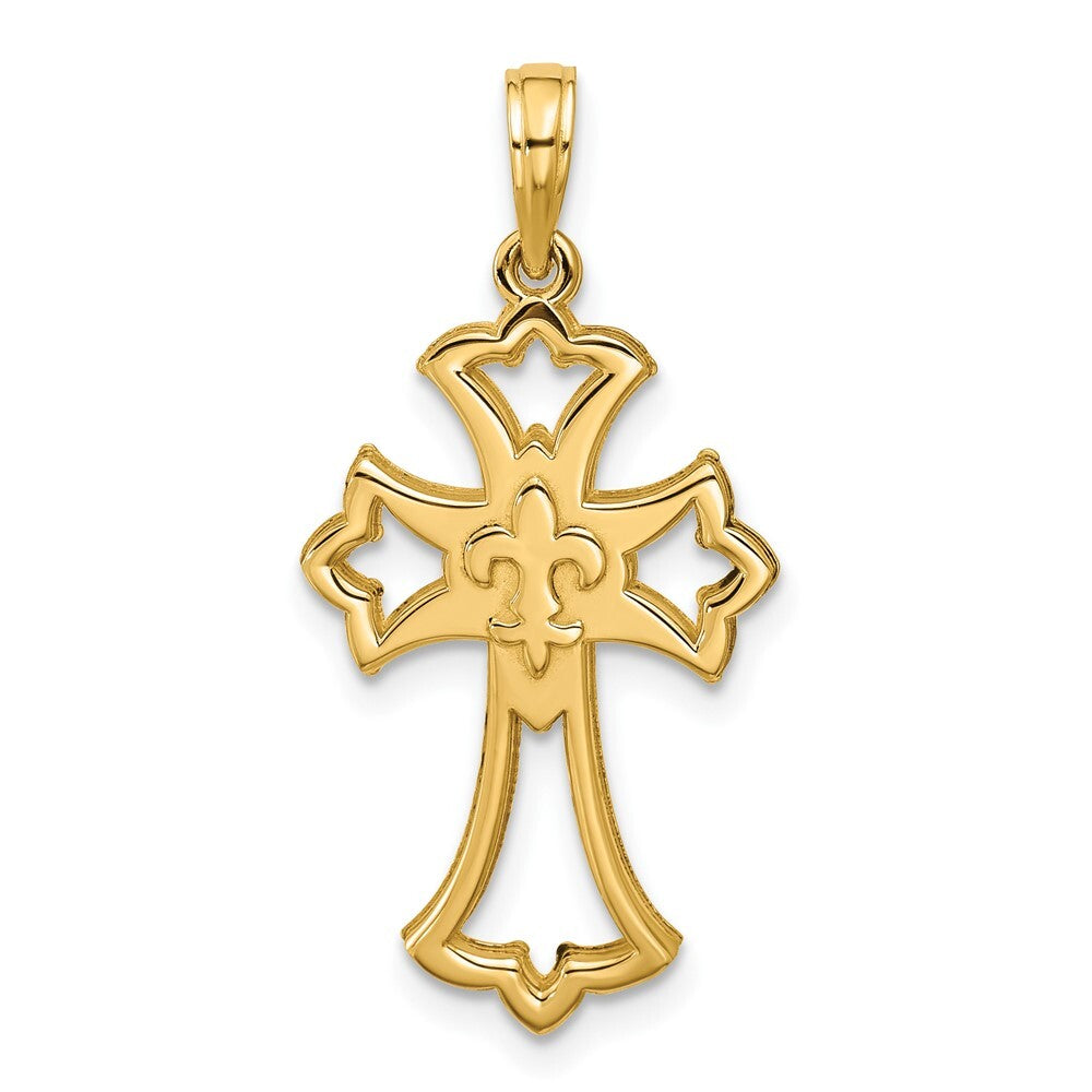 14k Yellow Gold Polished Fleur De Lis Cross Pendant
