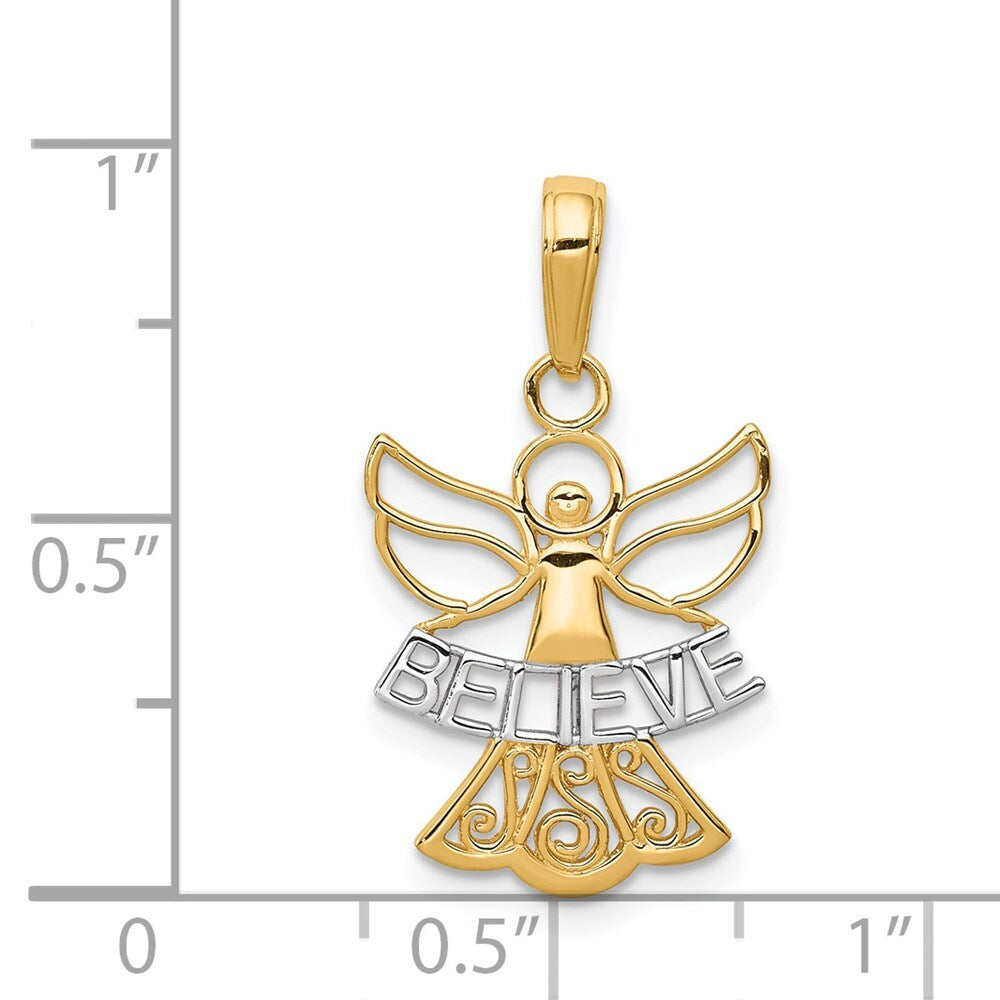 14k Yellow Gold Rhodium BELIEVE Angel Pendant for Women