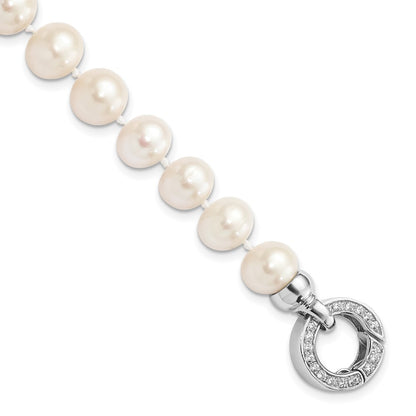 Sterling Silver 9-10mm White Near-Round Cultured Pearl &CZ Fancy 7.5" Bracelet
