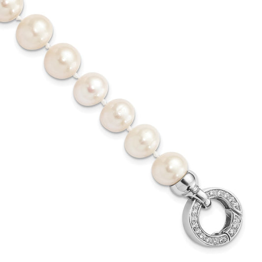 Sterling Silver 9-10mm White Near-Round Cultured Pearl &CZ Fancy 7.5" Bracelet