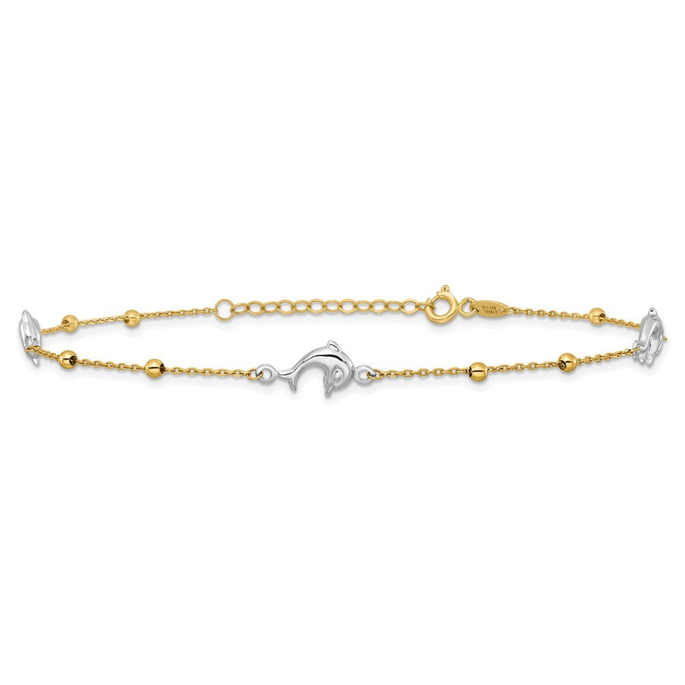 14K Two-tone Beads and Three Dolphins 10" Anklet